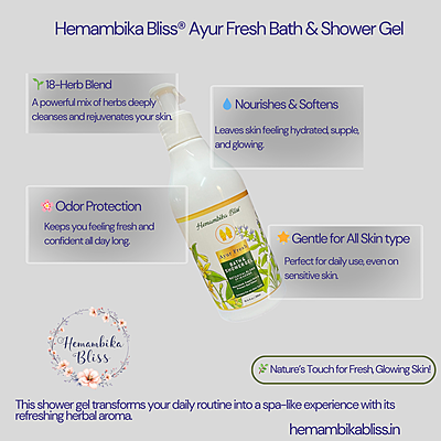 Hemambika Bliss® Ayur Fresh Bath & Shower Gel - Botanical Blend of 18 Herbs, Nourished & Supple Skin, Prevents Bad Odor - Suitable for All Skin Types Hemambika Bliss® Ayur Fresh Bath & Shower Gel - Botanical Blend of 18 Herbs, Nourished & Supple Skin, Prevents Bad Odor - Suitable for All Skin Types