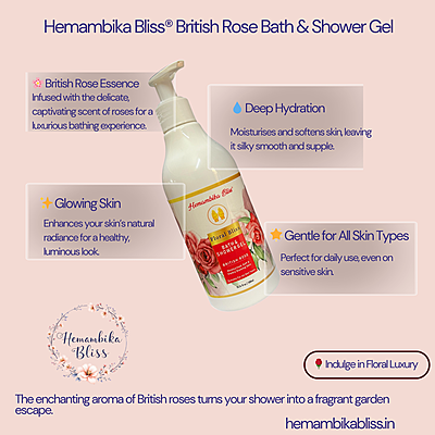 Hemambika Bliss® British Rose Bath & Shower Gel - Floral Bliss, Moisturized, Soft & Visibly Glowing Skin - Suitable for All Skin Types Hemambika Bliss® British Rose Bath & Shower Gel - Floral Bliss, Moisturized, Soft & Visibly Glowing Skin - Suitable for All Skin Types