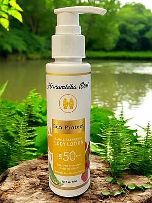 Hemambika Bliss® Aloe & Raspberry Body Lotion, UVA/UVB Protection, Water-Resistant, For All Skin Types Hemambika Bliss® Aloe & Raspberry Body Lotion, UVA/UVB Protection, Water-Resistant, For All Skin Types