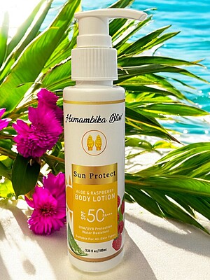 Hemambika Bliss® Aloe & Raspberry Body Lotion, UVA/UVB Protection, Water-Resistant, For All Skin Types Hemambika Bliss® Aloe & Raspberry Body Lotion, UVA/UVB Protection, Water-Resistant, For All Skin Types