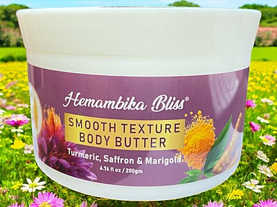 Hemambika Bliss® Smooth Texture Body Butter - Enriched with Turmeric, Saffron & Marigold for Deep Nourishment and Radiant Skin Hemambika Bliss® Smooth Texture Body Butter - Enriched with Turmeric, Saffron & Marigold for Deep Nourishment and Radiant Skin