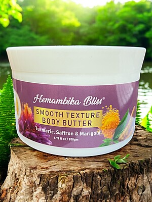 Hemambika Bliss® Smooth Texture Body Butter - Enriched with Turmeric, Saffron & Marigold for Deep Nourishment and Radiant Skin Hemambika Bliss® Smooth Texture Body Butter - Enriched with Turmeric, Saffron & Marigold for Deep Nourishment and Radiant Skin